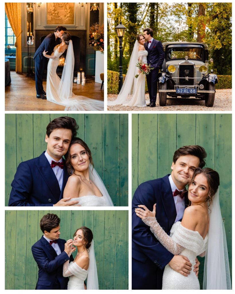 Fotoshoot bruid en bruidegom bij groene muur en op voorplein kasteel wijenburg