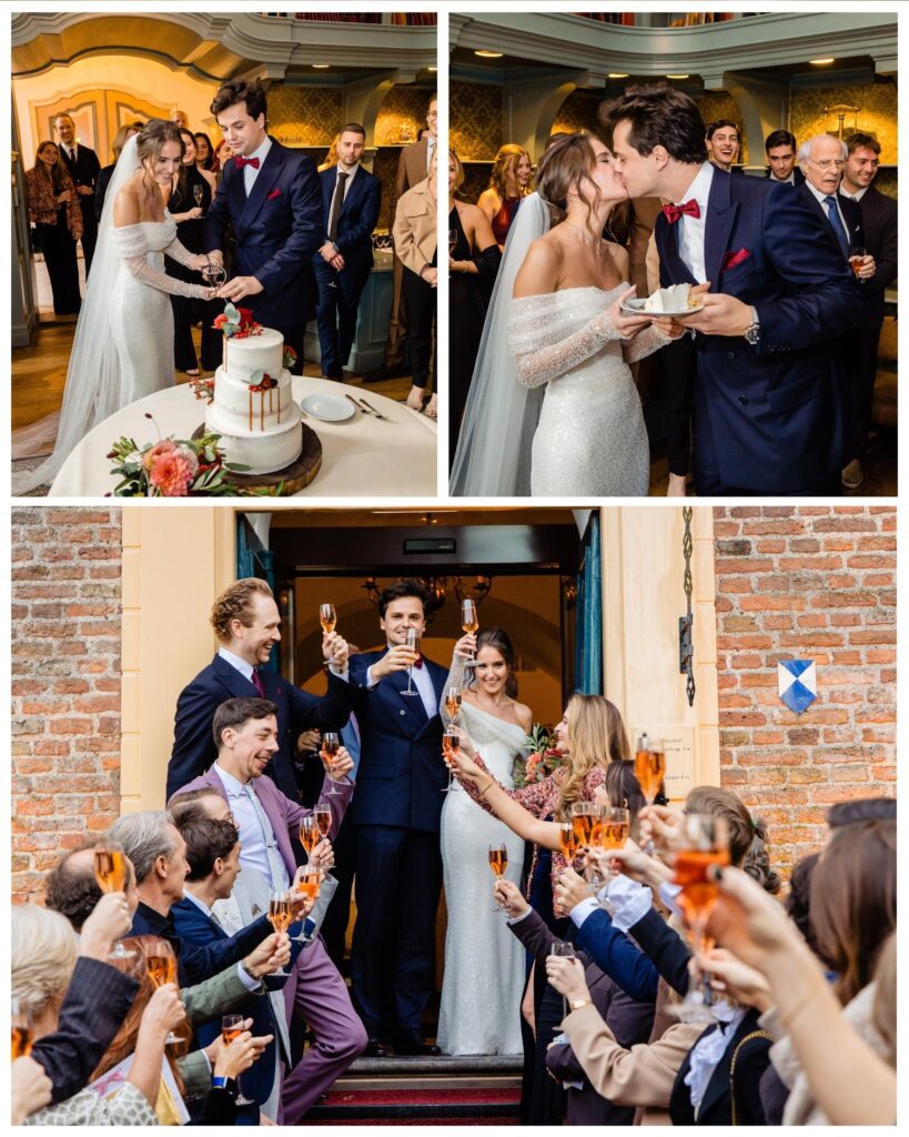 Toost op de buitentrap van Kasteel Wijenburg na de ceremonie en taart aansnijden bibliotheek